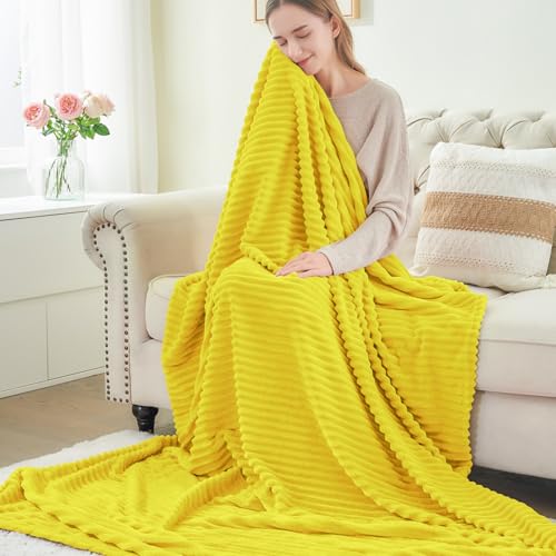 Image of BEDELITE Fleece Throw Blanket for Couch - 3D Ribbed Jacquard Soft and Warm Decorative Fuzzy Blanket - Cozy, Fluffy, Plush Lightweight Yellow Throw Blankets for Bed, Sofa, 50x60 inches