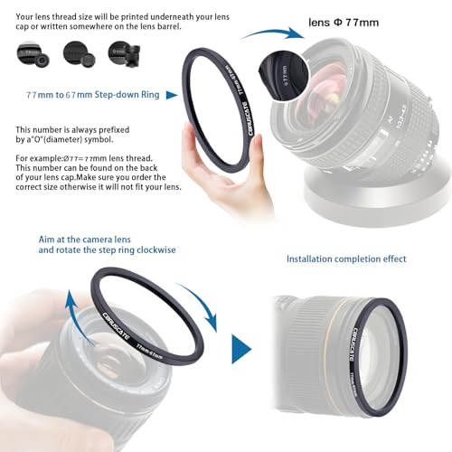 Anillo adaptador de filtro para cámara 77 mm a 67 mm, anillos metálicos adaptadores compatibles con todas las lentes de 77 mm y accesorios de cámara de rosca 67 mm + 1 paño de limpieza para lentes miniatura 4