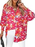 Zeagoo Floral Tops for Women Long Sleeve Red Flower Print Blouse Casual Button Up Shirts 2024 Fashion