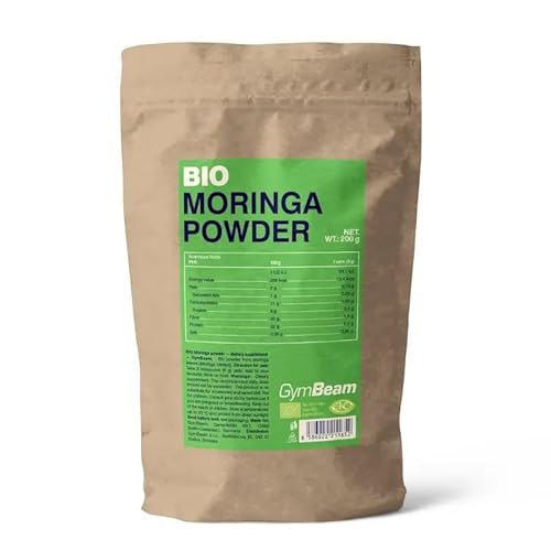 GymBeam Bio-Moringa-Pulver - Hochwertiges Moringa Oleifera-Pulver, reich an Proteinen & Ballaststoffen, unterstützt Blutdruck, mit Antioxidantien zur Bekämpfung von oxidativem Stress, 200 g