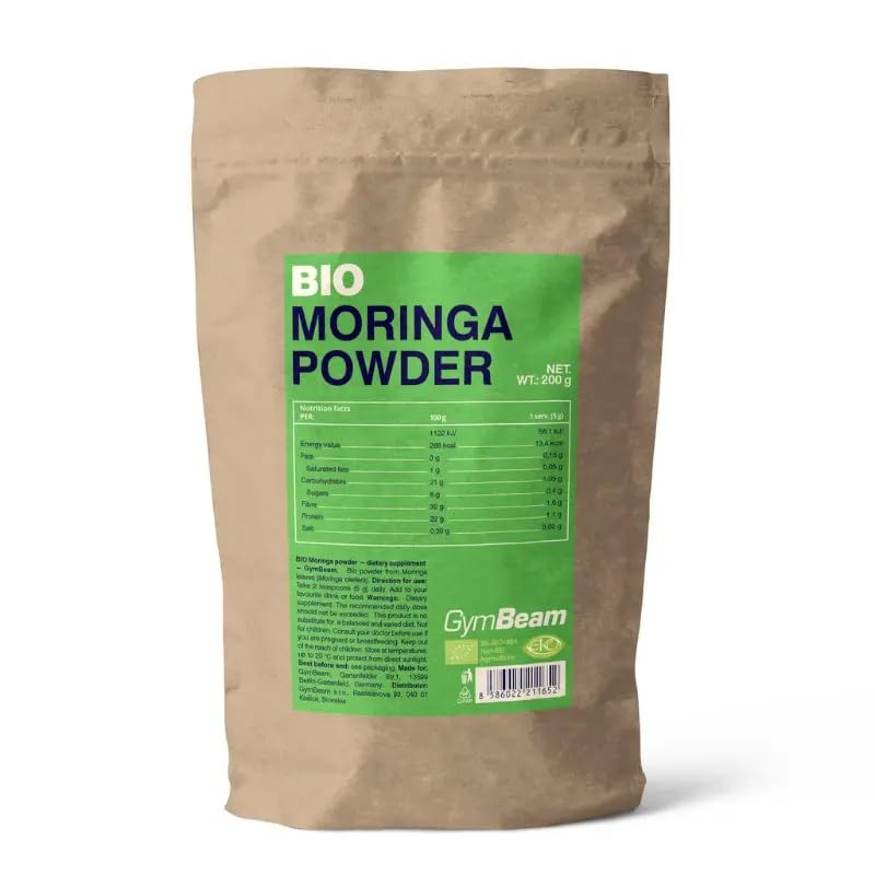 GymBeam Bio-Moringa-Pulver - Hochwertiges Moringa Oleifera-Pulver reich an Proteinen & Ballaststoffen unterstützt Blutdruck mit Antioxidantien zur Bekämpfung von oxidativem Stress 200 g