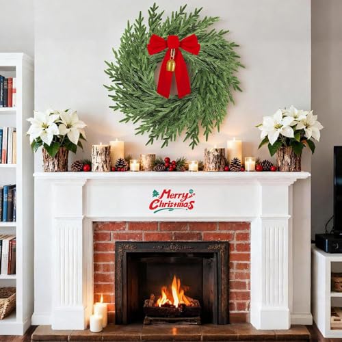 Image of 26 inch Christmas Wreath for Front Door, Artificial Wreath with Bow and Bell,Real Touch Pine Winter Wreath Christmas Decoration for Porch,Window,Wall,Thanksgiving Day Harvest Festival