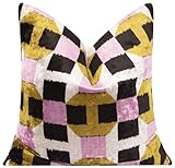 CANVELLO Handmade Velvet Throw Pillow with Pink, Gold, and Black Geometric Design 20x20-Inch Decorative Accent with Premium Down Feather Insert