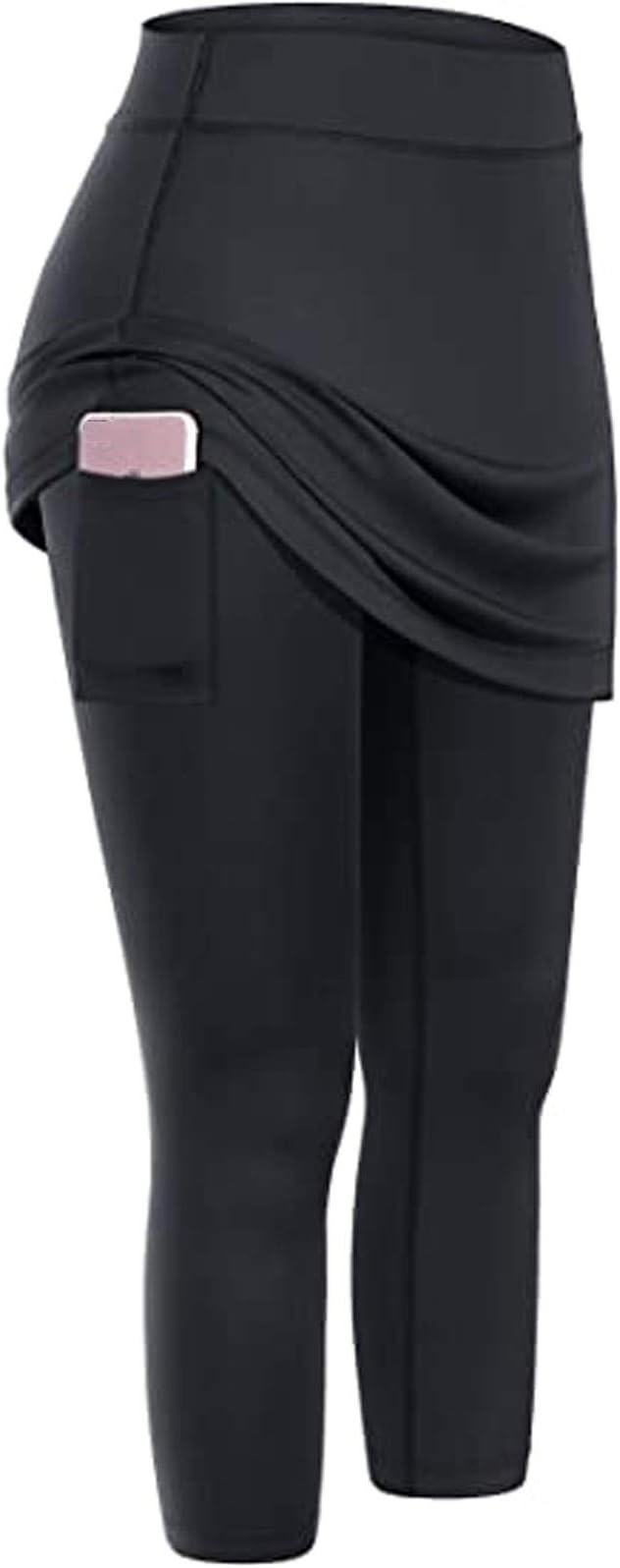 JURTEE WomenTennis Skirted Leggings, Stretch Sports Yoga Leggings with Pockets, Ladies High Waist Butt Lift Cropped Pants, Gym Tights Black