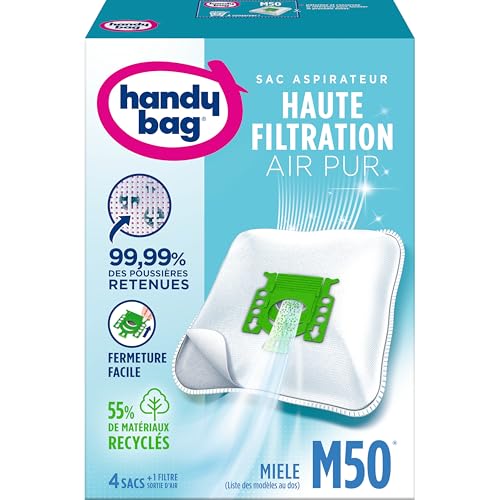 Handy Bag - Sacs aspirateur M50 x4sacs - Compatibles Miele - 99,99% des poussières retenues - Fermeture facile - Filtre anti-allergène - 55% de matériaux recyclés, Blanc