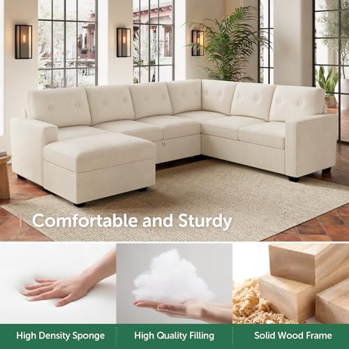 Image of HONBAY 106.2 Inch U-Shaped Sectional Sleeper Sofa with Pull-Out Bed & Storage Ottoman, 7-Seater Sectional Sofa for Living Room, Pet-Resistant Corduroy Couch, Beige