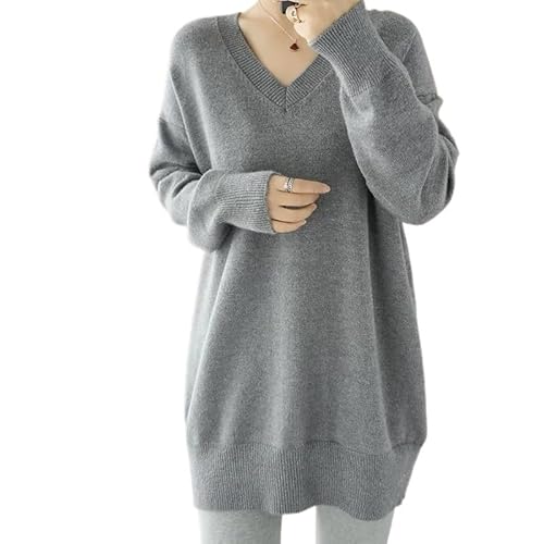 VSERETLOON Suéter de malha feminino pulôver solto gola V primavera e outono cor sólida jaqueta de co
