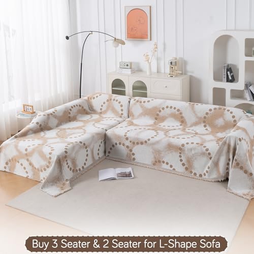 Image of HOKIPO Premium Chenille Printed Sofa Cover Throw Blanket 320 GSM for 2 Seater - All Season Use, 'Serene Abode Series' Latte Dotted Wave (180x250 cm) (AR-6632-D3)