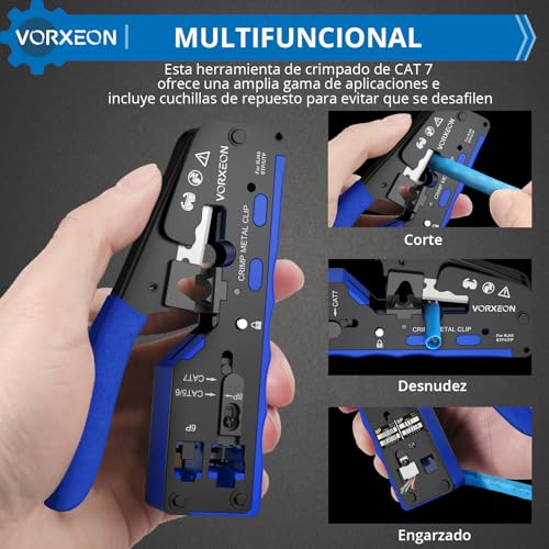 Miniatura 6 de Vorxeon Pinza Crimpadora Rj45 Para Cat7 Cat6 Cat5 Cat5e Alicates De Terminales Rj45 Rj11 Herramienta Para Trabajar Con Cables De Red Y Telefoníacon 6p8p Conectores Pasantes Cat6 50pcs Y Fundas