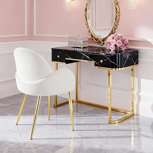 Image of Eifizek Home Office Chair, Modern Corduroy Upholstered Vanity Desk Chair with Gold Legs for Girls Women, Ergonomic Padded Backrest for Living Room, Beige