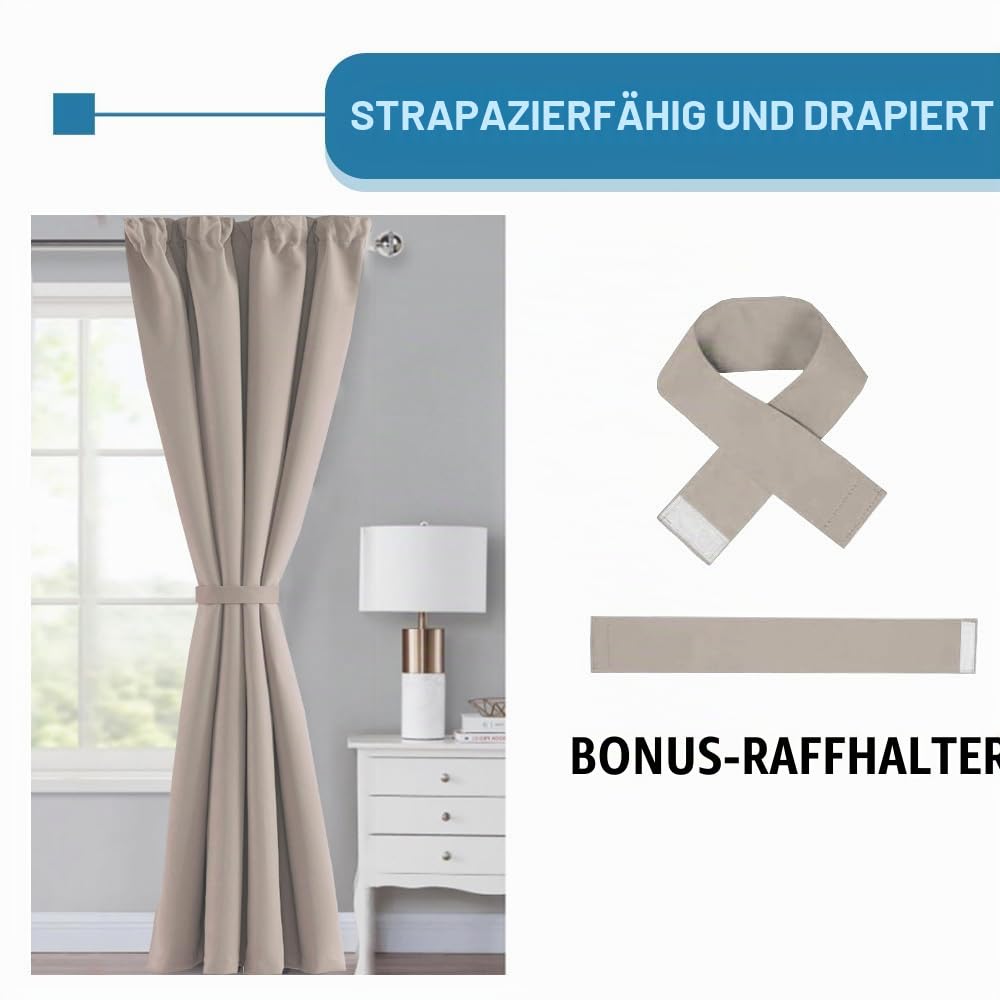 BellaHills 100% Gardinen mit Kräuselband Blickdicht Vorhang Kälteschutz Verdunklungsvorhänge Gardinen Wohnzimmer, Schallschutz Vorhang 2er Set H245 x B140 cm, Natur