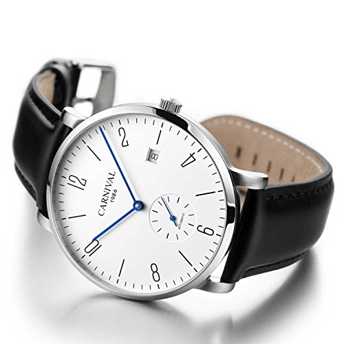Image of MASTOP Mens Ultra-Thin White Dial Watches Leather Strap Fashion Waterproof High End Automatic Mechanical Watch
