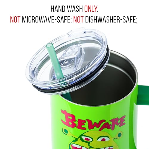 Image of Silver Buffalo Shrek Beware Ogre Double Walled Stainless Steel Tumbler with Handle and Straw, Fits in Standard Cup Holder, 40 Ounces