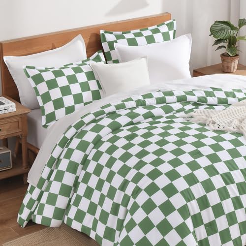 Image of Andency Green Checkered Comforter Full(79x90Inch), Plaid Gingham Buffalo Grid Bedding Comforter Sets for Boys Kids Teens, 3 Pieces Lightweight Polyester Geometric Preppy Bed Set