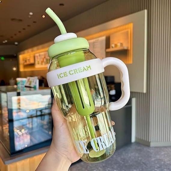 Image of 1300ml Large Capacity Insulated Transparent Tumbler Bottle with Straw & Handle, Leakproof Detox, Green Tea, Milkshake, Beverages, Juice & Cold Drinks | Gym, Travel, Office & Fitness (LIGHT GREEN)