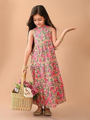 Image of LILPICKS All Over Printed Sleeveless Ankle Length Dropwaist Maxi Dress for Girls (Multi)
