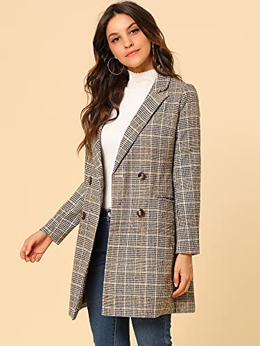 Allegra K Women's Double Breasted Notched Lapel Plaid Trench Blazer Coat3