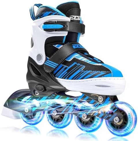 ECOO Adjustable Inline Skates Boys and Girls with Light up Wheels,Roller Skates for Kids Ages 4-12, Teen Skates for Beginner Outdoor and Indoor (Blue, Large-Youth(3-6 US))