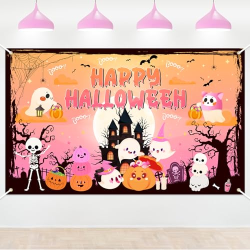 Happy Halloween Backdrop Orange Pink Halloween Banner for Kids Cu...