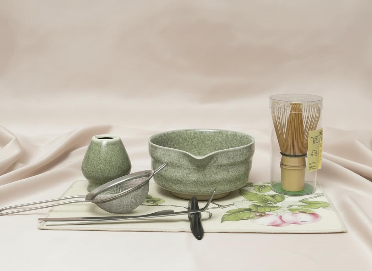 Matcha set 8 PCS With Cermica Matcha Bowl, Matcha Whisk Holder, Bamboo Whisk, Matcha Spoon, Sifter