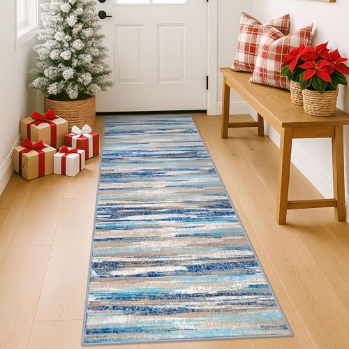 Lansny Modern Abstract 2x6 Blue Washable Kitchen Runner Non-Slip Soft