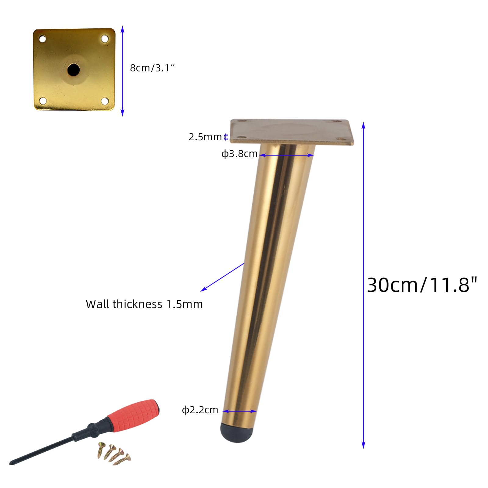 Generico Gambe per Mobili 30 cm Oro 4 Pezzi Supporto Piedini per Tavolo Dorati Superficie Galvanica in Acciaio Inossidabile Piedini per Divano Altezza: 15-30 cm Piedini per Mobile Divano 30 cm/11,8"