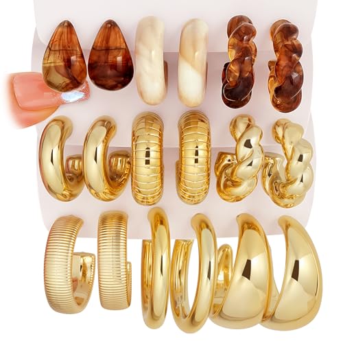 9 Pairs Acrylic Vintage Earrings for Women: 14k Gold Plated Resin Chunky Hoop Earrings Lightweight Minimalist Hollow Open Hoops, Translucent Hypoallergenic Fashion Jewelry Gifts