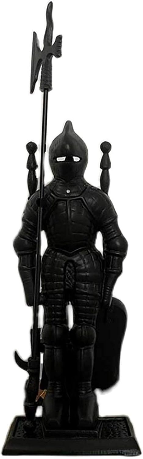 Black 5-Piece Fireplace Tool Set Middle Ages Knight Design Heavy Duty Wrought Iron Toolset with Poker Shovel Tongs Brush for Outdoor Indoor