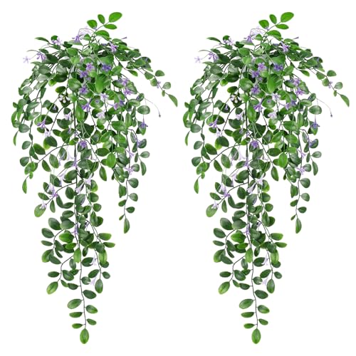 Blafrozzing Artificial Hanging Plants, 2Pcs Fake Ivy Vine Artificial Ivy Leaves with Purple Flowers for Wedding Wall House Room Patio Indoor Outdoor Home Office Decor Purple