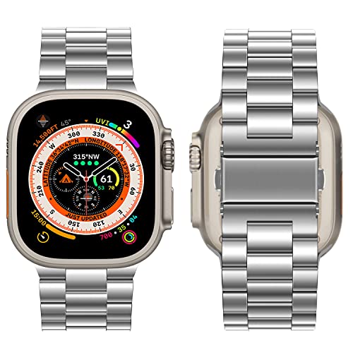 Image of HITZEE Compatible with Apple Watch Ultra Band 49mm Business Stainless Steel Metal Strap Men Women Link Bands Compatible for Apple Watch Ultra 3 /2 /1, 49mm Silver