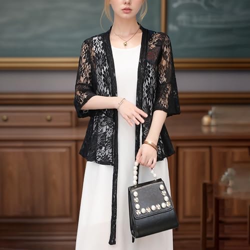 Image of FindThy Women's 3 /4 Flare Sleeve Lace Cardigan Tie Knot Front Floral Knitted Cover Up Shrugs