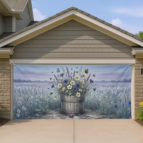 Housse de porte de garage vintage bleu blanc décor extérieur de printemps grand format 397x180