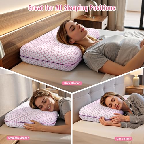 Image of CushyOasis Memory Foam Pillows for Side, Back and Stomach Sleepers, Set of 2, Bed Pillow with Washable Cover and Breathable Mesh, Bed Pillow for Sleeping (Pink,Queen Size)