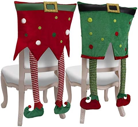Valery Madelyn 2 Pack Delightful Elf Christmas Chair Covers with Elf Legs, Dining Chair Slipcovers Red Green White Chair Back Covers for Xmas Home Kitchen Decorations