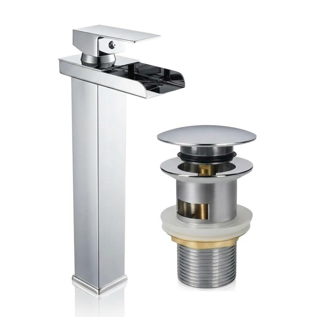 Miscelatore Monocomando a Cascata Alto per Lavabo, Rubinetto Bagno Moderno in Acciaio Cromato, Design Squadrato con Aeratore Anticalcare e Risparmio Idrico, Altezza 320mm
