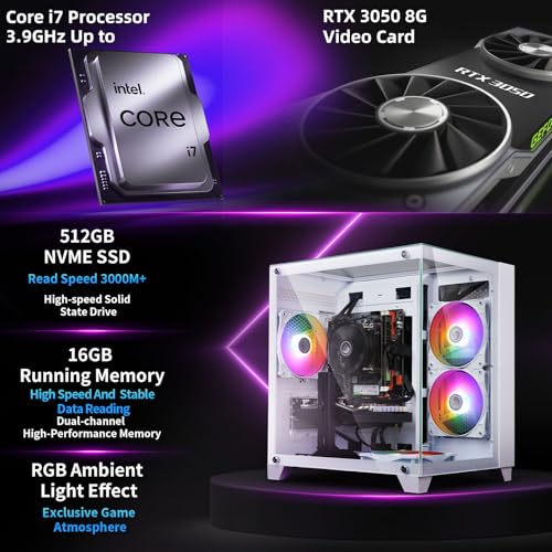 Image of Prebuilt Gaming PC Desktop, Intel Core i7 Desktop Computer up to 3.9 GHz | RTX 3050 8G Graphics Card, 16GB RAM, 512GB SSD, WiFi, RGB Fan, Win11, Tower Computer for Game, Office and Study