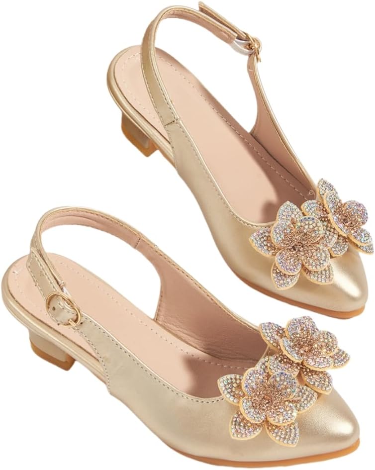 Girls Low Heels Dress Shoes Glitter Rhinestone Princess Sandals Wedding Party Pump