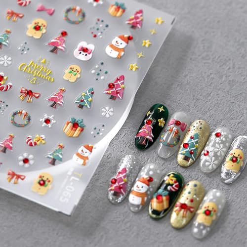 1Sheet 5D Embossed Rhinestones Christmas Nail Art Stickers Self Adhesive Gingerbread Man Snowman Nail Decals Xmas Tree Bow Nail Sticker Cute Rabbit Snowflake Nail Decal for Women Festive Nails Decor