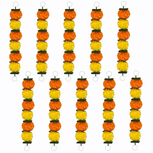 Image of iHandikart Artificial Marigold & Leaf Hanging Garland 14 Inch Mini Garland Pack of 10 Festive Door & Mandir Decoration for Diwali, Navratri, Ganesh Chaturthi(32601-10).