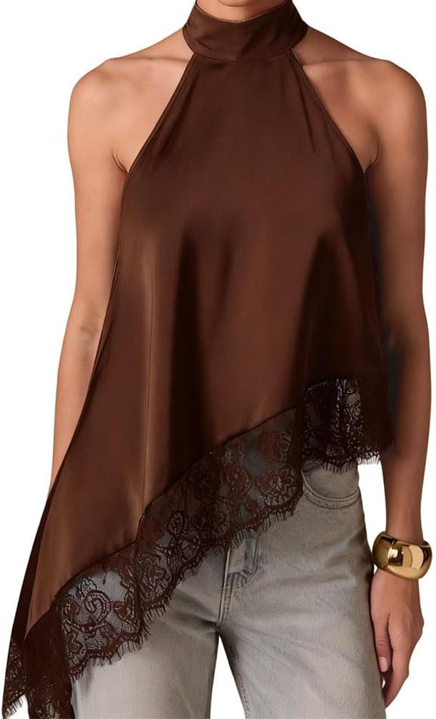Women Y2K Lace Trim Satin Halter Top Sleeveless Mock Neck Loose Fit Lace Camisole Sexy Asymmetric Hem Tank Shirt