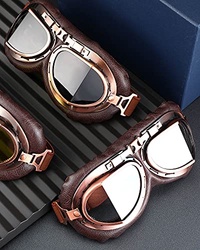 Frienda 3 Pieces Motorcycle Goggles Vintage Pilot Style Cruiser Scooter Goggle Dustproof Windproof For Half Helmet (Grey, Clear, Yellow) #TOP4