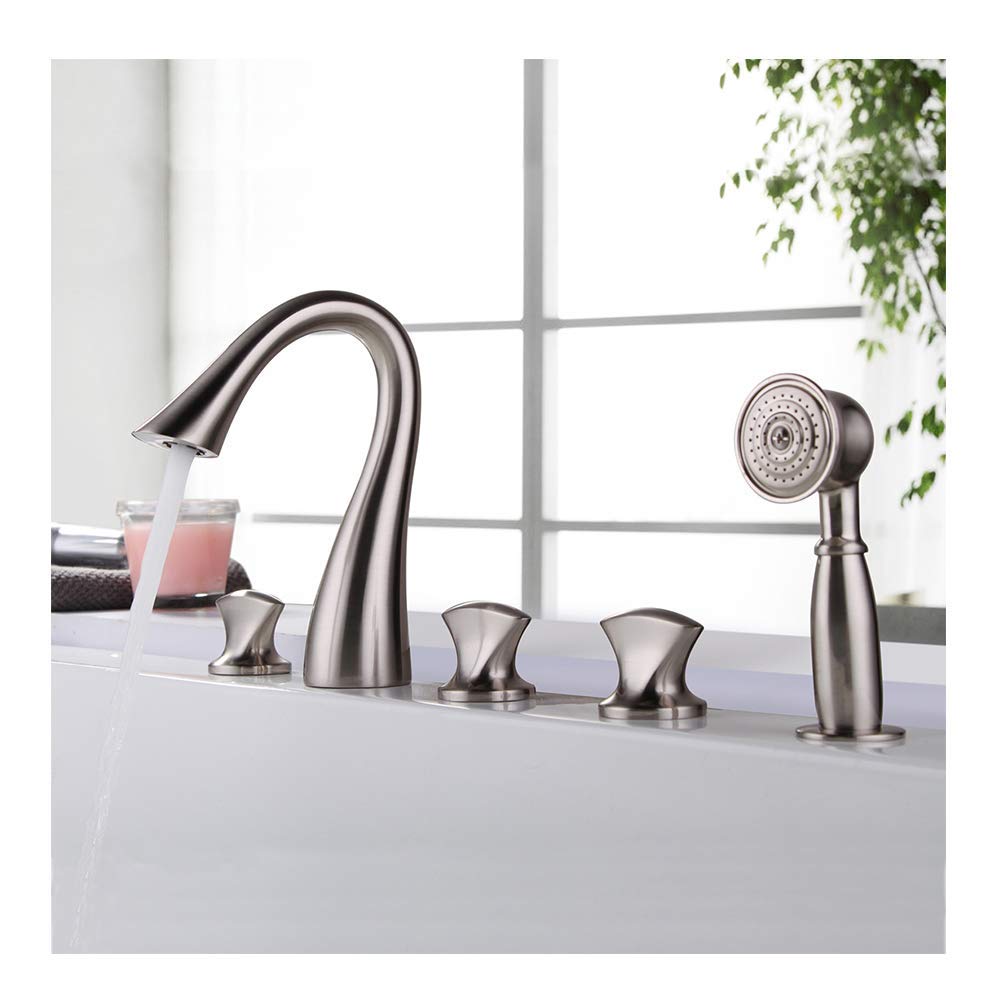 QUSYZD Tub Filler Faucet with Handheld Shower Head, Widespread Tub Faucet Set Deck Mount Gooseneck Bathtub Faucet 5 Holes Tub Tap for Bathroom,Brushed,Black,Brushed
