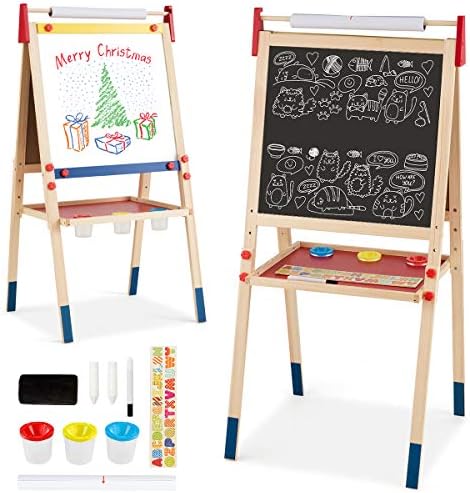 COSTWAY 3 w 1 dziecięca sztaluga dwustronna, tablica suchościeralna i kredowa i papier do rysowania, tablica stojąca, tablica do zabaw, drewniana tablica, regulowana wysokość, w zestawie akcesoria