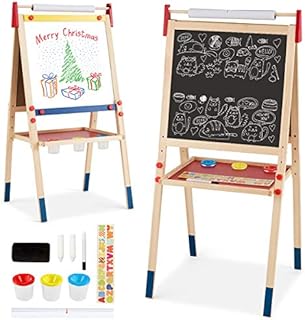 COSTWAY 3 w 1 dziecięca sztaluga dwustronna, tablica suchościeralna i kredowa i papier do rysowania, tablica stojąca, tablica do zabaw, drewniana tablica, regulowana wysokość, w zestawie akcesoria