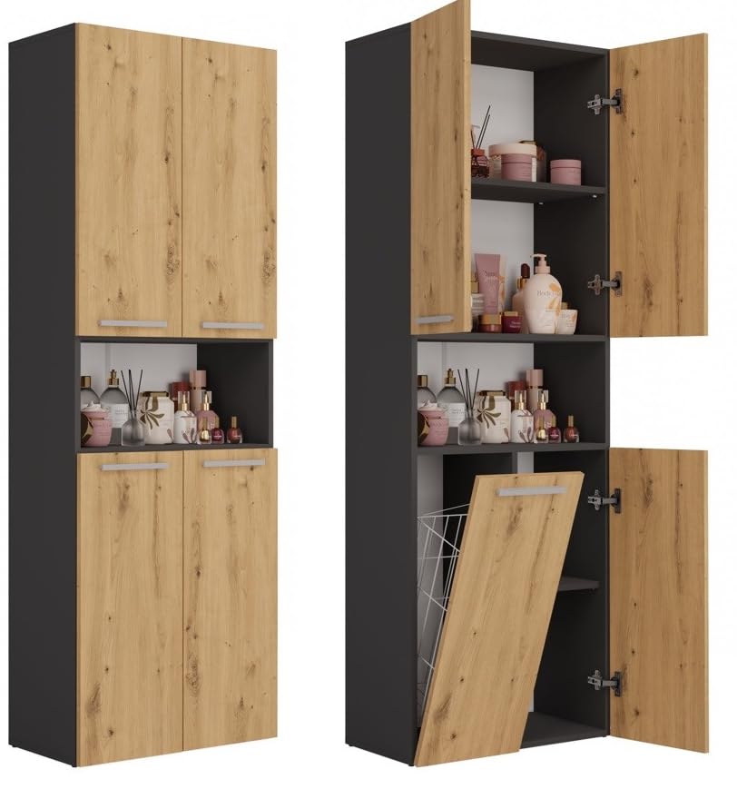 BDW Mobile da Bagno Con 4 Porte, Mobiletto Alto Mensola 174 x 60 x 30 cm NEL 1K/DK (Rovere Antracite/Artisan)