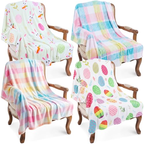 Chumia 4 Pcs Spring Blankets Pastel Eggs Bunny Plaid Plush Spring Throw Blanket Soft Cozy Lightweight Warm Colorful Flannel Blanket Gifts for Couch Chair Sofa Bed Travel Supplies 40x50 Inch