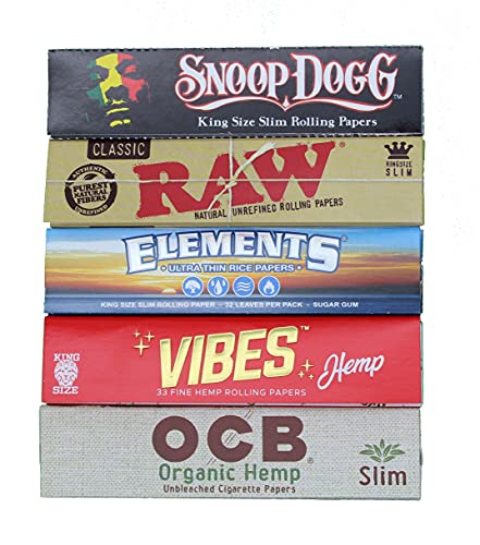 King Size Rolling Paper Combo 5 Packs - Raw, Elements, Vibes, Ocb, Snoop Dogg + Dss Scoop Card #TOP22