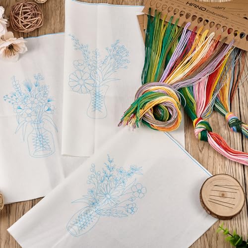 Image of Magibeads 3 Sets Beginner Embroidery Kit Vase Flower Arranging Cross Stitch Patterns Crochet Kit with Embroidery Thread Fabric Instruction Knitting