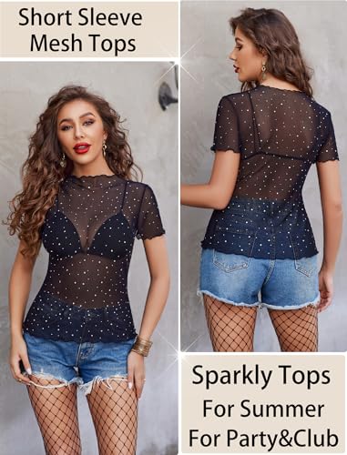 Avidlove Women Mesh Tops Short Sleeve Rhinestone Shirts Sheer Blouse Sexy Going Out Tops Sparkly Party Tops Summer2