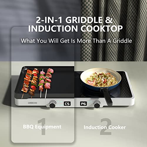 Greecho Portable Induction Cooktop, Double Induction Burner With Removable Grill Griddle Pan Non-Stick, 5 Gear Control 2 Burner Electric Stove, 1400W Hot Plates For Cooking, Coconut White #TOP2